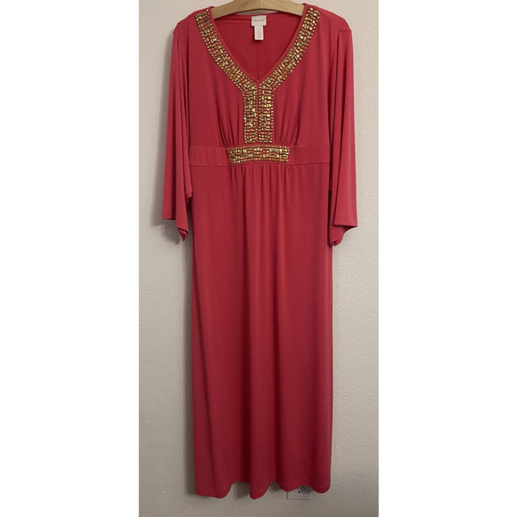 Chico's Petite Coral Pink Gold Embellished Caftan Kimono Maxi Dress Size 1 M/8 P - Picture 1 of 7